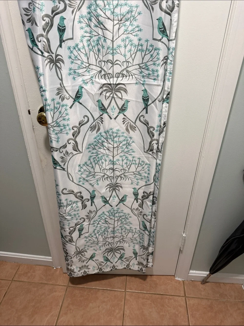White Shower Curtain with Teal Bird & Gray Botanical Print